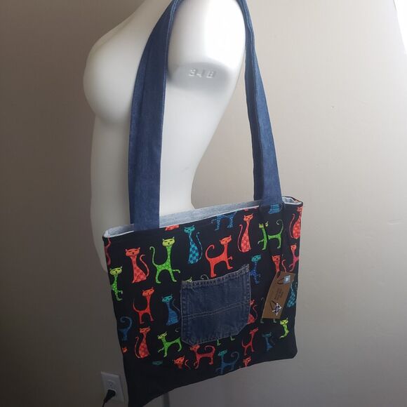Tammy D's Recycled Blue Jean Denim Rainbow‎ Cat Tote Bag - Picture 8 of 9
